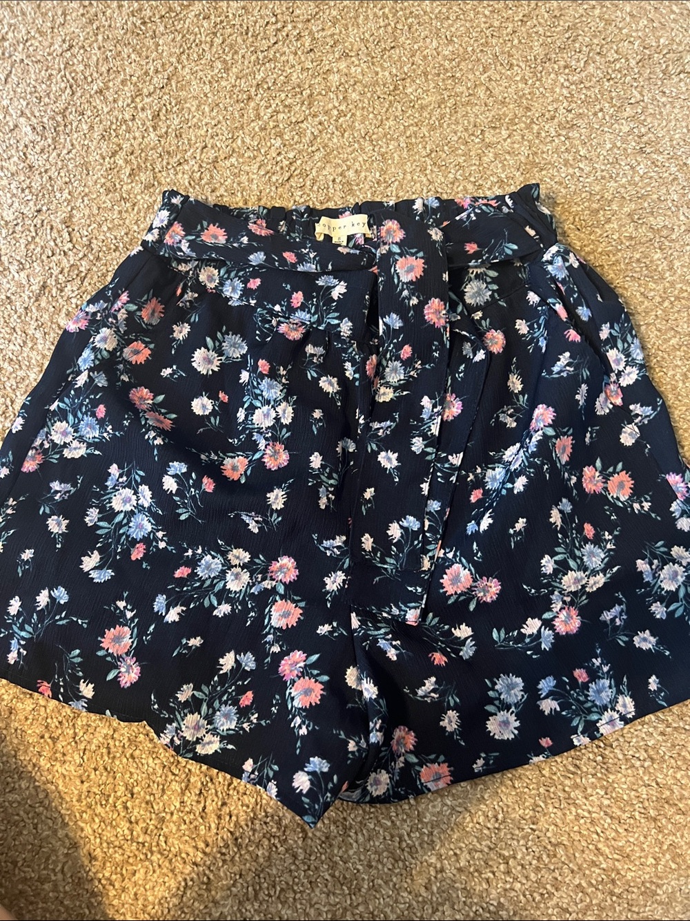 Copper Key Navy Floral Shorts with Pink & Light Blue Blooms